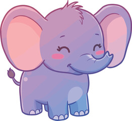 Cute baby elephant, cartoon animal, purple illustration, children’s character, playful design, nursery art, happy expression, educational graphic, adorable creature, kids media