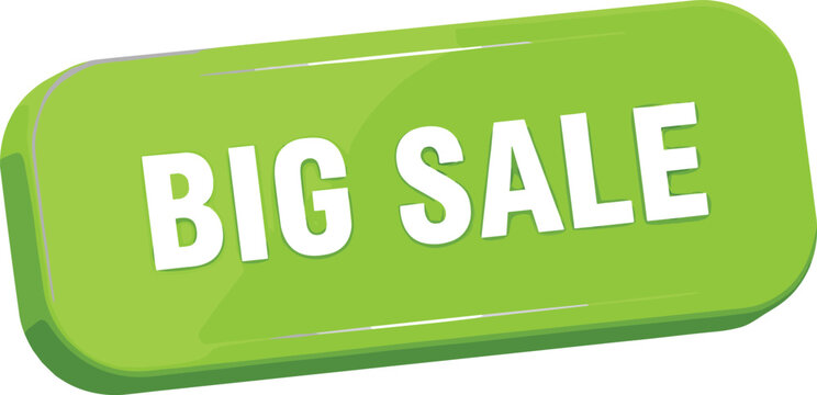 Green sale button, big discount sign, promotional graphic, 3D style, marketing icon, shopping deal, bold text, ecommerce banner, retail offer, attention grabber