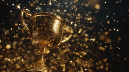 Golden trophy shines brightly surrounded by sparkling confetti against a dark background creating a festive atmosphere perfect for celebrations and achievements