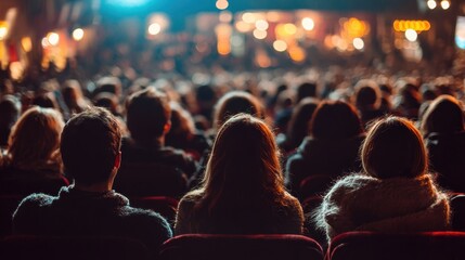 Friends and strangers sitting together watch a movie in a crowded theater, sharing the excitement of the film experience in the evening