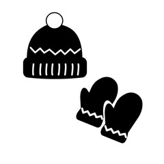 ニット帽と手袋のモノクロイラスト　シンプル　冬小物セット素材　冬素材　12月