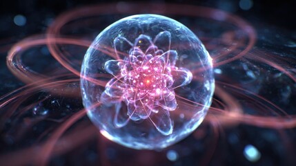 Microscopic view of a quantum energy particle showcasing the atom's structure with electrons orbiting in a vivid display of light and color