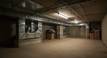 Dusty, low-lit subterranean utility area showing concrete foundation, exposed HVAC ductwork, and stored possessions in boxes, ductwork, storage, unfinished