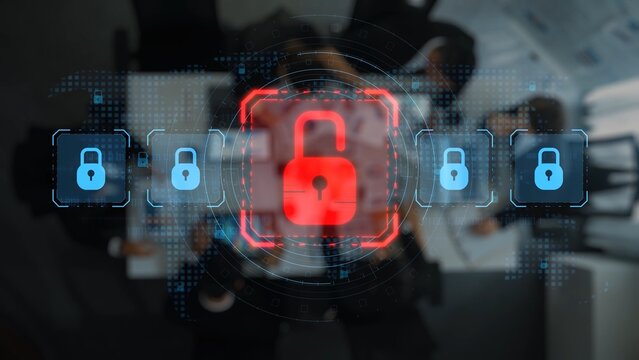 An engaging image that highlights the significance of cybersecurity in a business environment, showcasing a digital lock overlay during a team discussion. Raster