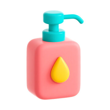 Realistic 3D Rendering of a Pink Soap Dispenser with a Teal Pump and a Yellow Droplet Icon Isolated on a Transparent Background
