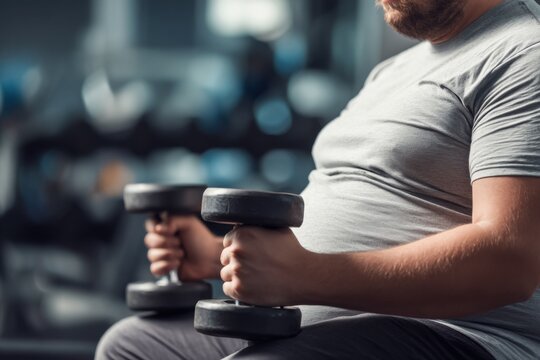 Man with excess weight performing strength training by lifting dumbbells in a gym setting during afternoon workout hours for fitness improvement