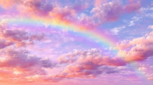 Rainbow arching across a colorful sky filled with soft clouds during twilight hours creating a serene and vibrant atmosphere