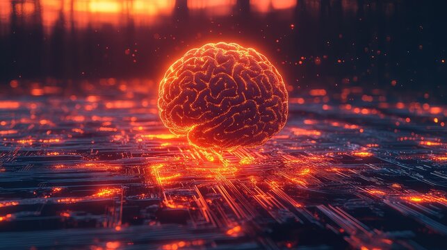 Glowing brain representing artificial intelligence on digital circuit board
