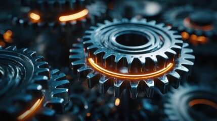 Glowing blue mechanical gears rotating in a complex, intricate motion, showcasing advanced technology and engineering craftsmanship