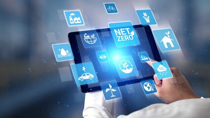 Net zero and sustainability concepts with environmental balance, digital sustainability icons, green energy goals, and eco-conscious digital business transformation for the future. Gist