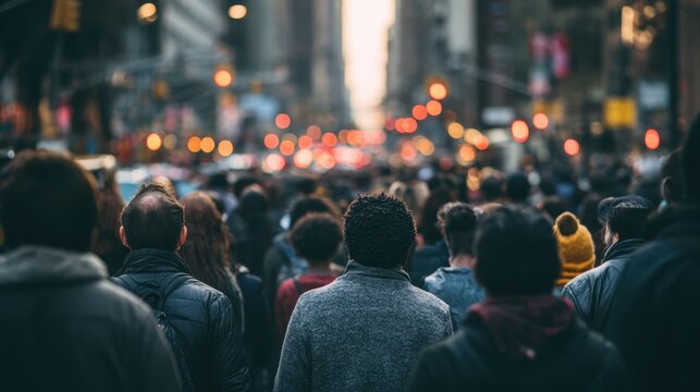 Crowd walking on a busy city street during late afternoon with bright lights and diverse people in motion