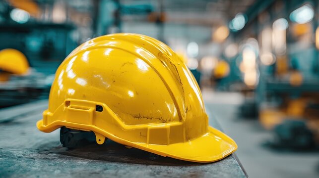 Yellow plastic protective helmet resting on a workbench inside a production facility during a busy manufacturing shift, ensuring safety for workers in industrial settings - Powered by Adobe