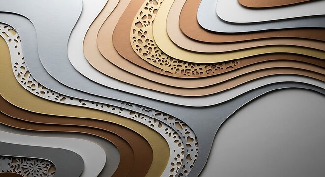 Elegant layered background with flowing metallic and matte textured shapes