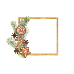 Isolated illustration of a square golden frame decorated with hand-drawn pine branches, gingerbread cookies, and star anise
