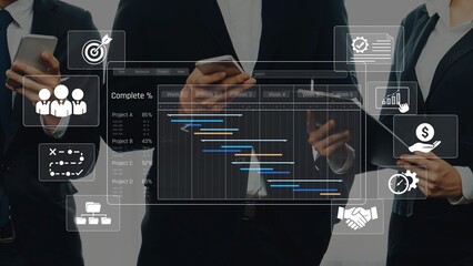 Business professionals engage in discussion about project management, utilizing data visualization and infographic elements to enhance communication and collaboration. Raster