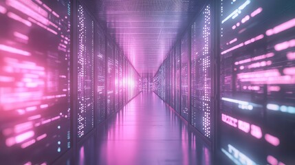 Servers processing data in a futuristic data center aisle