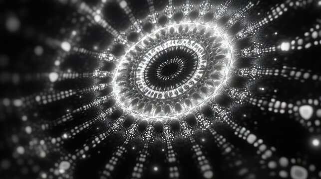 Abstract glowing fractal mandala pattern in black and white