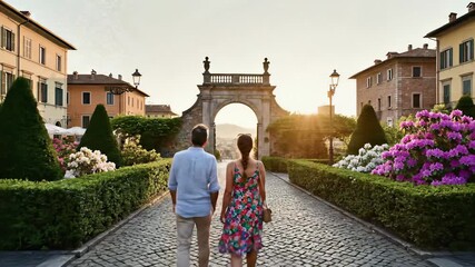 A serene courtyard scene unfolds as a couple strolls hand in hand down a charming cobblestone street, surrounded by lush greenery and vibrant flowers, capturing the intimate concept of people.