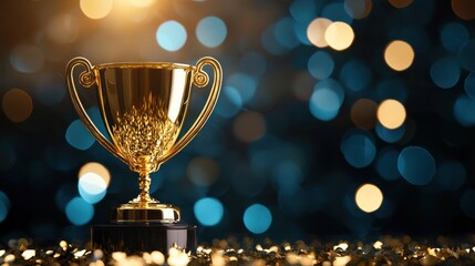 A golden trophy cup with a blue and gold bokeh background.