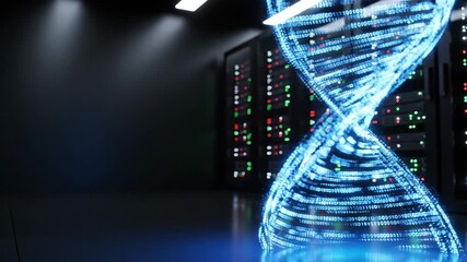 Glowing blue DNA double helix structure in a dark laboratory setting with computer servers in the background and a futuristic ambiance. - Powered by Adobe