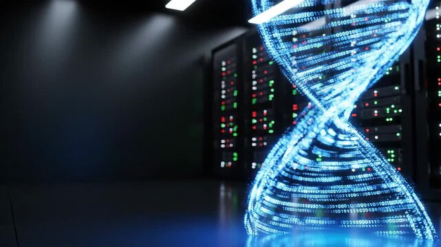 Glowing blue DNA double helix structure in a dark laboratory setting with computer servers in the background and a futuristic ambiance.