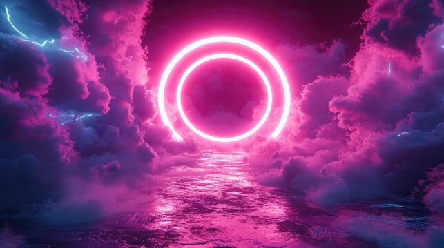 Glowing neon portal over turbulent magenta waters