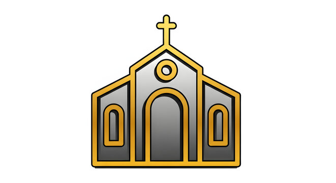 Metallic gold and silver church icon with cross, a stylized symbol of religion, faith, and worship on a white background.