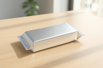 Blank Silver Foil Snack Bar Package Mockup on Wooden Desk in Sunlight