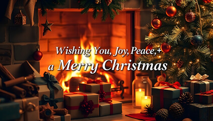 Christmas background image 2026 with cozy fireplace, decorated Christmas tree, stacked gifts, candlelight, and warm festive greeting text.
