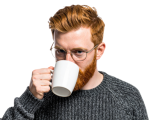 Man drinking from a mug isolated on white background, transparent PNG