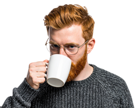 Man drinking from a mug isolated on white background, transparent PNG