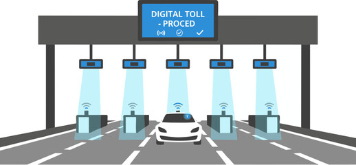 Flat Digital Toll Booth Gate with Car Passing Illustration