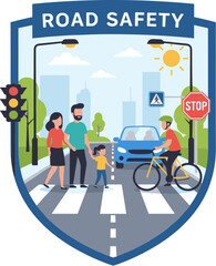 Colorful Flat Road Safety Illustration with Family Crossing Street Scene