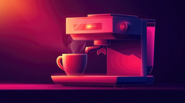 Espresso machine brewing hot coffee with vibrant neon colors