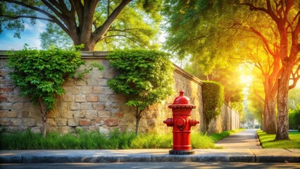 Serene sunlit pathway beside a stone wall, lush green foliage, and a vibrant red fire hydrant