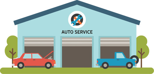 Flat Style Detailed Illustration Auto Service Building With Repair Garage