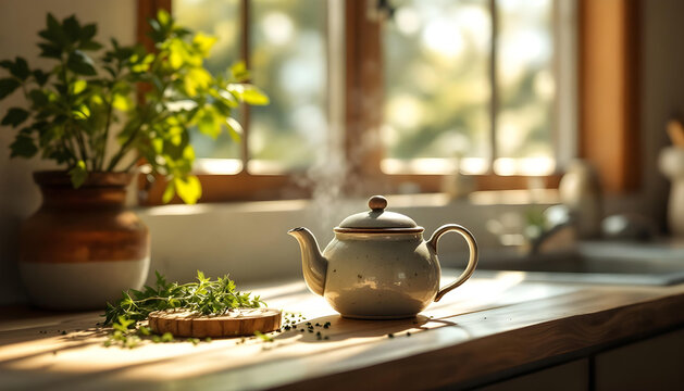 A rustic teapot on a kitchen counter with scattered herbs, soft afternoon light