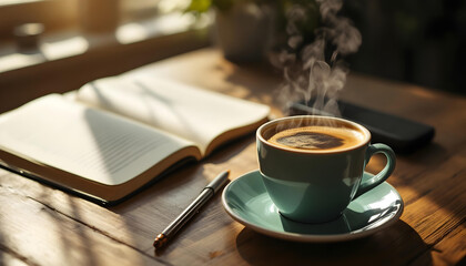 A steaming cup of coffee on a wooden desk next to an open notebook, morning sunlight streaming
