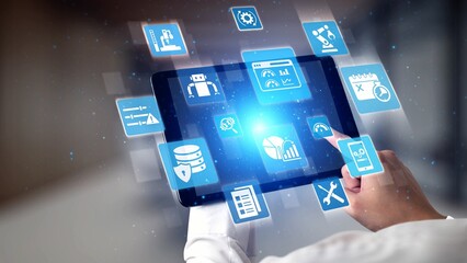Predictive maintenance icons for industry, automation, smart factory and manufacturing showing data analysis, monitoring, robotics and system optimization with advanced maintenance solutions. Gist