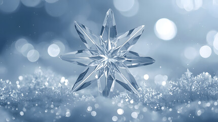 Christmas background image 2026 with icy crystal star ornament, sparkling snow, soft blue bokeh, twinkling particles, and magical holiday greeting text.