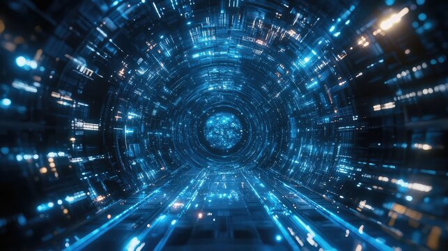 Digital data flowing through futuristic cyber tunnel