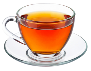 Glass cup of tea on saucer isolated on white background, transparent PNG