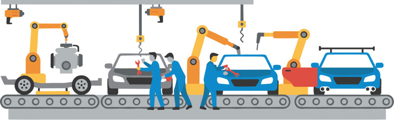 Flat Style Car Manufacturing Process Line Automotive Industry Illustration