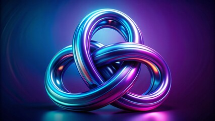 Intertwined Metallic Rings Abstract 3D Render of a Polished, Iridescent Knotted Structure with Vibrant Neon Lighting Effects