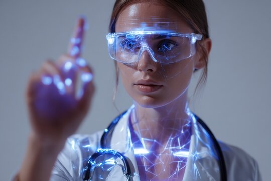 Woman doctor engaged in telemedicine with futuristic technology in a modern healthcare setting