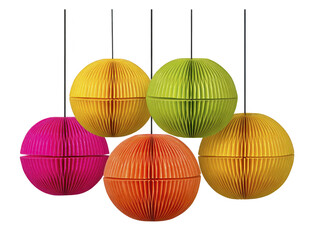Colorful paper lanterns round shape hanging decor vibrant orange yellow green and pink festive party atmosphere cheerful and bright suitable for celebration events