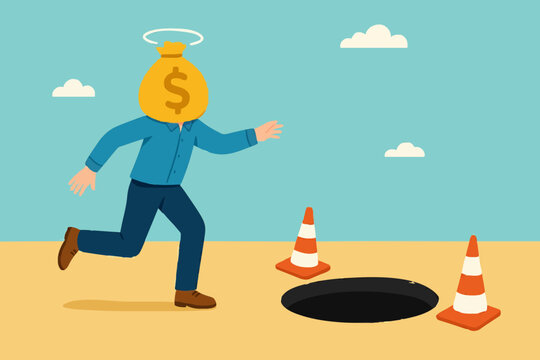 investment scam, Financial Fraud or Illegal Investment, ponzi scheme concept, businessman investor who is lulled by fake investments who walks forward towards a trap hole