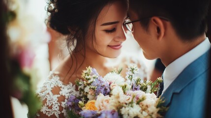 Romantic gaze shared by a bride and groom during their wedding ceremony in a beautiful garden setting, capturing the essence of their love and commitment to each other