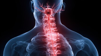 Visualizing sharp agony and nerve piercing back pain in a human spine with a detailed view of nerve pathways and spinal column at nighttime against a dark background
