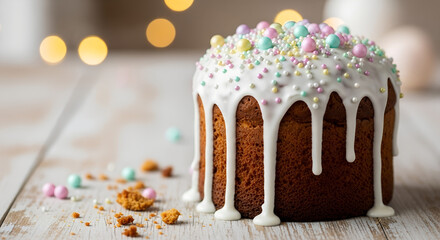 Easter cake with white icing and colorful sprinkles on wooden table  